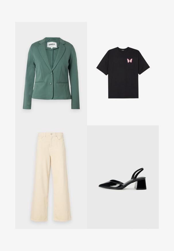 Zöld blézer puha anyagból, hajtókás gallérral, egy gombos záródással és két elülső zsebbel. Testhez álló fit, tiszta vonalakkal.; Fekete pamut póló rövid ujjakkal, bal mellkason egy kis rózsaszín pillangó grafikával. Kerek nyakú kialakítás, laza fazonnal.; Bézs, széles lábú farmernadrág, pamutból készült. Gombos záródással, övhurkokkal és elülső zsebekkel rendelkezik, sima, puha tapintással.; Fekete lakk bőr szandálkés magas sarkú cipő, hegyes orral és geometrikus tömbsarkakkal. Karcsú, minimalista dizájn és sima textúra jellemzi.