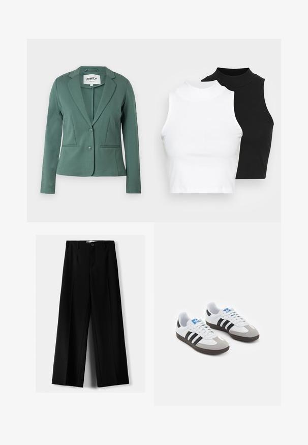 Blazer verde dintr-un material moale, cu guler cu rever, închidere cu un buton și două buzunare frontale. Croială ajustată cu linii curate.; Două bluze fără mâneci, cu guler înalt, în culorile negru și alb, având un design ajustat și o textură netedă, cu o lungime scurtă.; Pantaloni negri cu picior larg, fabricați dintr-un material ușor, cu închidere frontală cu nasture și față plată, având tivuri cusute cu atenție.; Încălțăminte sport cu un superior din piele albă, vârf din suede gri și trei dungi negre. Prezintă un logo albastru pe limbă și o talpă din cauciuc texturat.