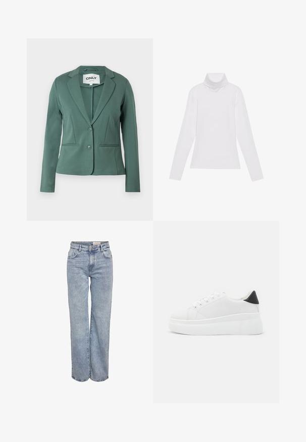 Zelený blazer vyrobený z měkké látky, se šálovým límcem, jedním zapínáním na knoflík a dvěma předními kapsami. Přiléhavý střih s čistými liniemi.; Bílý dlouhý rukáv rolák vyrobený z hladkého, elastického materiálu. Má vysoký límec a přiléhavý střih, bez viditelných vzorů nebo ozdob.; Světle modré široké džíny vyrobené z denimové tkaniny, s vysokým pasem, designem se šesti kapsami a jemným zesvětlením pro opotřebovaný vzhled.; Bílé platformové tenisky vyrobené z hladkého syntetického materiálu, s kulatou špičkou, šněrováním a texturovanou gumovou podrážkou. Černý akcent na patě.