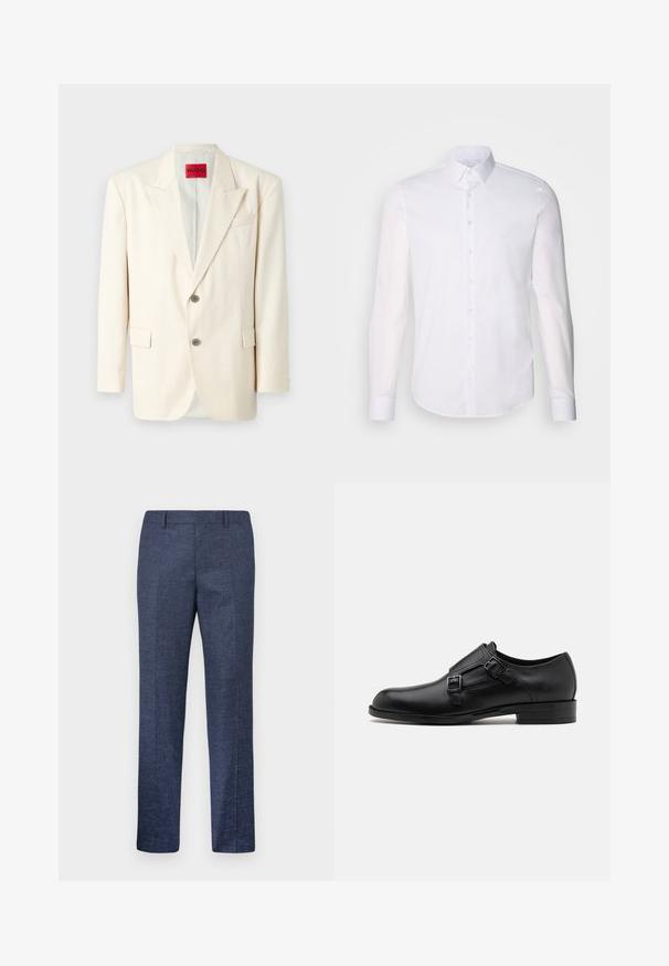 Blazer su misura color beige chiaro con rever, due bottoni frontali, tasca sul petto e tasche laterali, realizzato in tessuto liscio. Etichetta del marchio visibile.; Camicia bianca a maniche lunghe con bottoni realizzata in cotone, caratterizzata da un colletto classico, bottoni frontali e dettagli di cucitura minimal.; Pantaloni blu navy realizzati in un tessuto texturizzato, con gamba dritta, davanti piatto e due tasche laterali. Nessun motivo o dettaglio visibile.; Scarpa da uomo in vera pelle nera con doppie fibbie, silhouette elegante e punta tonda. Presenta un tacco basso e una texture liscia.