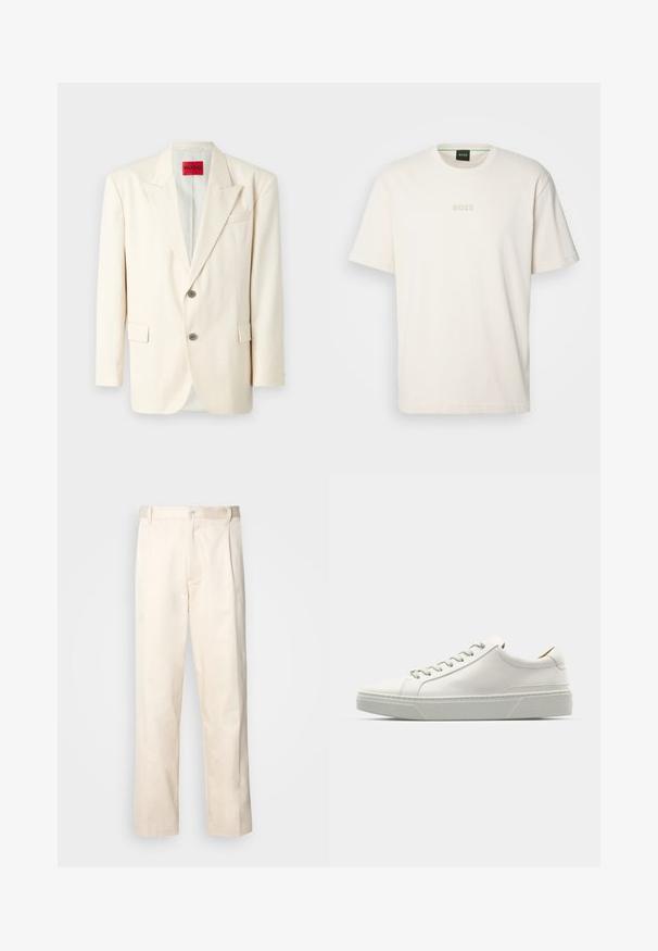 Sacou personalizat de culoare bej deschis, cu reveruri cârlige, două butoane frontale, un buzunar pentru piept și buzunare laterale, realizat dintr-un material neted. Eticheta mărcii este vizibilă.; BOSS TEE - Tricou basic - open white; Pantaloni din bumbac bej, cu croială dreaptă, dotati cu închidere cu nasture și pliuri în față pentru un plus de detaliu.; Sneaker din piele albă cu vârful rotund, design minimalist, șireturi gri și o talpă din cauciuc texturată, gri. Detalii de cusătură subtile vizibile.