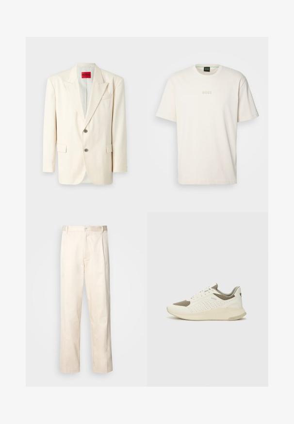 Világos bézs, szabott blézer, kihajtható gallérral, két elülső gombbal, mellzsebbel és oldalzsebekkel, sima anyagból készült. A márkajelzés látható.; BOSS TEE - Basic póló - open white; Beige pamut nadrág egyenes szárú kivágással, gombos záródással és elülső redőkkel a részletek fokozása érdekében.; Fehér és világos bézs sportcipő, légies hálós felsőrésszel, perforált részletekkel és texturált középtalppal, amelyen a saroknál a márka logója található.