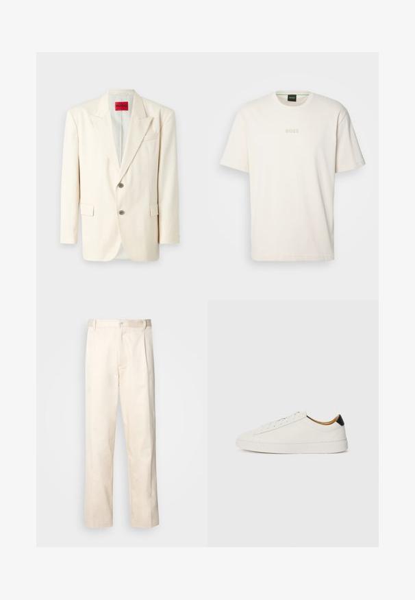 Sacou personalizat de culoare bej deschis, cu reveruri cârlige, două butoane frontale, un buzunar pentru piept și buzunare laterale, realizat dintr-un material neted. Eticheta mărcii este vizibilă.; BOSS TEE - Tricou basic - open white; Pantaloni din bumbac bej, cu croială dreaptă, dotati cu închidere cu nasture și pliuri în față pentru un plus de detaliu.; Sneaker alb cu un superior din piele netedă, vârf rotund și talpă plată. Accente negre la călcâi, cu șireturi tonale și un branding minim.