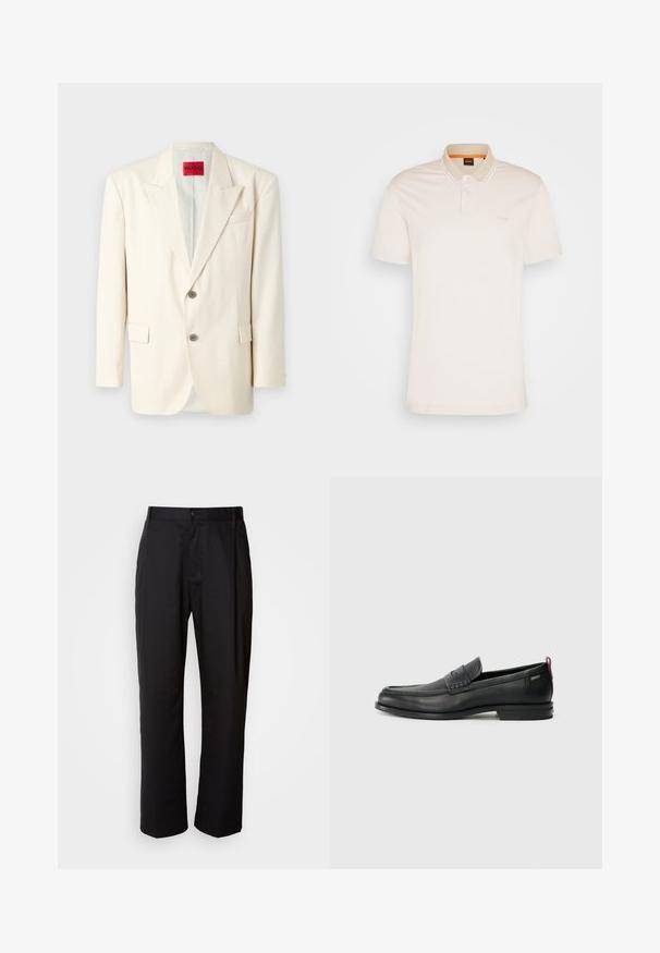 Világos bézs, szabott blézer, kihajtható gallérral, két elülső gombbal, mellzsebbel és oldalzsebekkel, sima anyagból készült. A márkajelzés látható.; Rövid ujjú pólóing világos bézs pamutból, két gombos gallérral, diszkrét logóval és kontrasztos csíkos díszítéssel a galléron.; Fekete, egyenes szabású nadrág, könnyű anyagból készült. Elöl gombos záródással és két oldalsó zsebbel rendelkezik; sima textúrájú.; Fekete bőrcipők, texturált elülső részel és sima oldalakkal. Karcsú sarokkal és hátsó hurkkal könnyű felvételhez. Klasszikus dizájn.