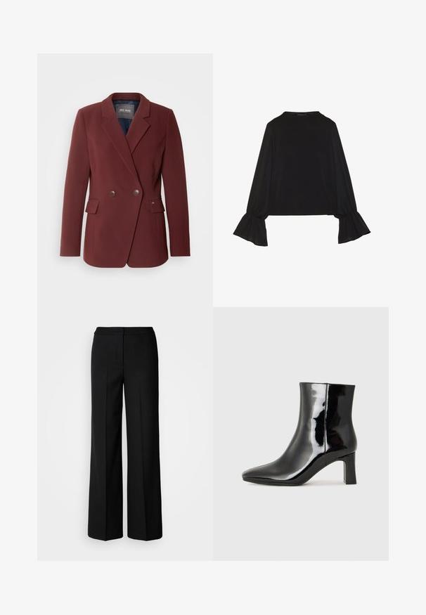 Mos Mosh BELLIS - Blazer - rum raisin; Svart langermet topp med utsvingte mansjetter, myk tekstur og avslappet passform, med enkel rund hals.; Svarte vide bukser med et glatt stoff, med høy livvidde, skreddersydde sømmer og et minimalistisk design. Ingen synlig maskinvare eller lommer.; Sorte patentlær ankle boot med spiss tå og en mellomhøy blokkhelt. Glatt tekstur og minimalistisk design.