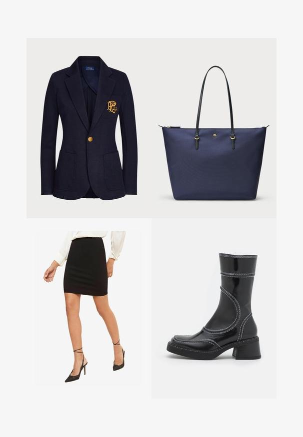 Mornarski blejzer od teksturiranog materijala sadrži zlatni dugme i izvezeni logotip na prednjem džepu. Uključuje dva prednja džepa.; Crna majica s dugim rukavima izrađena od prozirnog, rastezljivog materijala. Ima naćužene detalje uz strane i okrugli dekolte.; Crna uska mini suknja, glatka tkanina, srednji struk, uparena s crnim visokom potpeticama s ojačanim remenima oko skočnih zapešća.; Crne lakirane gležnjače s bijelim šavovima, zaobljenim vrhom i blok petom. Imaju zakrivljene dizajnerske linije i glatku teksturu.; Tamno plavi torba za rame od teksturiranog materijala, sa crnim kožnim drškama i zlatnim akcentima. Zatvaranje na patentni zatvarač na vrhu.