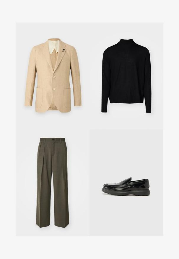 Helle beige Leinenjacke mit zwei Vordertaschen, zwei Knöpfen und einem cremefarbenen Kragen. Sie verfügt über eine dekorative schwarze Brosche am Revers.; Schwarzer Langarmpullover mit hohem Kragen. Aus weichem, glattem Stoff gefertigt. Einfaches Design, ohne Muster, mit geradem Saum.; Filippa K WIDE TROUSERS - Stoffhose - driftwood; Schwarze Lederloafer mit glanzendem Finish, abgerundetem Zehenbereich, subtilen Steppnähten und einer dicken Gummisohle für Langlebigkeit.