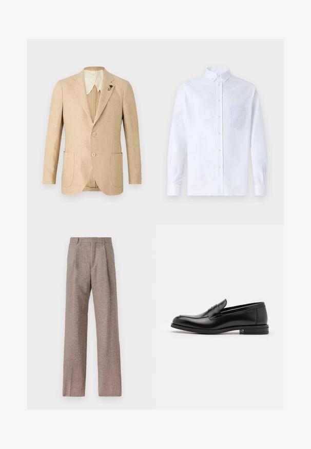 Lys beige linned blazer med to foran lommer, to knapper og en cremefarvet krave. Har et dekorativt sort nål på slaget.; Hvid langærmet skjorte med knapper lavet af bomuld, med en brystlomme med tonal broderi, krave og knapmanchetter.; Brune, højtaljede bukser lavet af tekstureret stof. Har brede ben og to frontfoldninger for struktur. Pæn finish uden synlig hardware.; Sorte læderloafers med en glat overflade, rund tå og en dekorativ strop over vampen. Lav hæl med stabeldesign, minimalistisk stil.