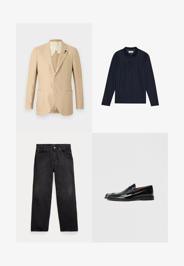 Lys beige linned blazer med to foran lommer, to knapper og en cremefarvet krave. Har et dekorativt sort nål på slaget.; Marineblå langærmet polo med krave, der har tynde lodrette striber og en treknaps lukning. Blødt stof.; Sorte denim jeans med en afslappet pasform, der har fem lommer, en knapgylp og diskret falmning i hele stoffet.; Sorte læder loafers med en glat finish, rund tå, dekorativ søm og en lav stablet hæl. Ingen synlig branding.