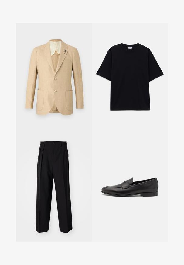 Light beige linen blazer with two front pockets, two buttons, and a cream-colored collar. Features a decorative black pin on the lapel.; Black short-sleeve oversized T-shirt with round neckline and visible Filippa K brand label inside the collar.; Black pleated trousers with a straight, wide-leg design. Made from smooth fabric, featuring a button closure and belt loops.; Black leather men's loafer with a low heel and a classic penny strap design, shown in side profile on a white background.