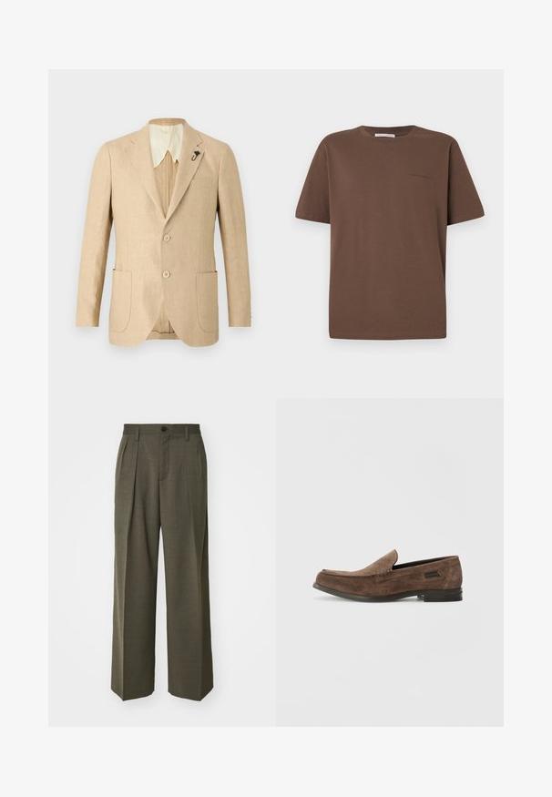 Šviesiai smėlinis lino švarkas su dviem priekinėmis kišenėmis, dviem mygtukais ir kreminės spalvos apykakle. Papuoštas dekoratyvine juoda sagte ant atvartėlio.; Rudas medvilninis marškinėliai su apvaliu iškirpimu, trumpomis rankovėmis ir mažu logotipu spausdintu priekyje. Lygus audinio tekstūros, laisvo kirpimo.; Filippa K WIDE TROUSERS - Kelnės - driftwood; Stuart Weitzman BURT - Įmautiniai batai - espresso
