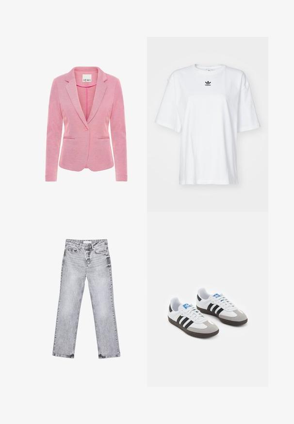 Rosa blazer med notch-lapel, enkel knappstängning, två framfickor och en texturerad tyg. Taggen läser "ICHI."; Vit kortärmad T-shirt i bomull. Har rund halsringning och en liten svart Adidas-logotyp på bröstet. Rakt skuren fåll.; Grå denimjeans med rak benpassform, slitna detaljer, fem fickor och kopparnitar. Midjan har en logotagg.; Sportskor med överdel i vit läder, grå mocka på tårna och tre svarta ränder. Har en blå logotyp på tungan och en texturerad gummisula.