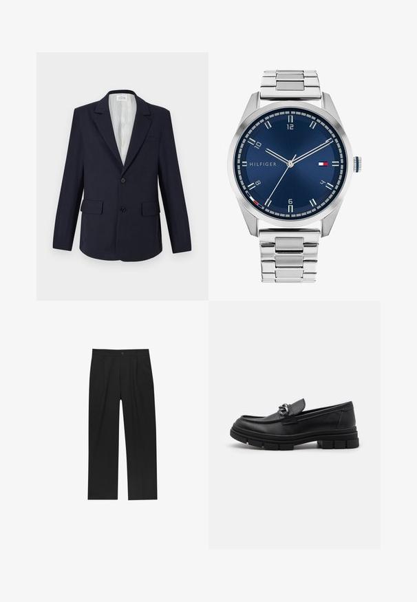Blazer bleu marine en tissu tissé, avec un revers en pointe, deux poches avant, fermeture à un bouton et doublure intérieure rayée.; Ensemble de huit t-shirts noirs en coton à manches courtes et col rond, avec un design uni et une texture douce.; Pantalons noirs au design droit, fabriqués à partir d'un tissu lisse. Dotés de plis sur le devant et d'une fermeture à un bouton à la taille.; Mocassin en cuir noir avec un bout arrondi, une lanière décorative et des éléments en métal, et une semelle texturée épaisse. Finition lisse avec des détails subtils.; Montre en métal argenté avec un cadran bleu brossé, des index heures blancs et un affichage de la date. Comprend un bracelet métallique à maillons et le logo de la marque.