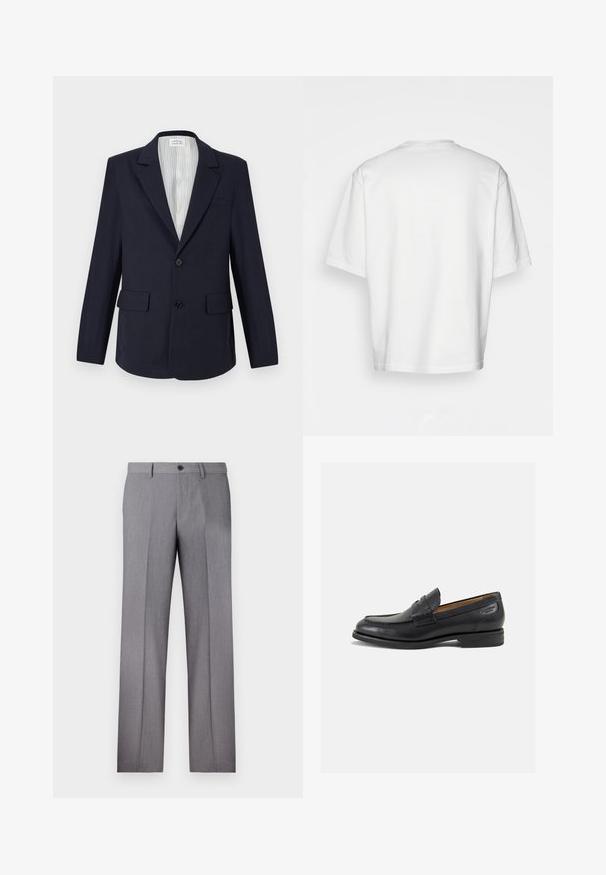 Navy blazer made of woven fabric, featuring a notch lapel, two front pockets, single button closure, and striped lining interior.; White short-sleeve t-shirt, loose fit, round neckline, smooth cotton fabric, unembellished back, straight hemline, no patterns or accents.; Gray tailored trousers with a flat front, two side pockets, and a single button closure. Smooth texture with a subtle pinstripe pattern.; Black leather loafers with a smooth finish, rounded toe, and decorative stitching on the vamp. Low stacked heel and slight shine.