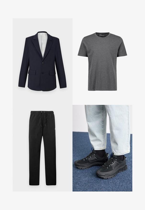 Laivastonsininen puku, joka on valmistettu kudotusta kankaasta. Siinä on viistetty kaulus, kaksi etutaskua, yksittäinen nappikiinnitys ja raidallinen sisävuori.; Harmaa, säännöllisesti istuva lyhythihainen T-paita, joka on valmistettu pehmeästä kankaasta. Siinä on pyöreä kaula-aukko ja olkasaumoissa vain minimaalista ompelutietoa.; Mustat collegehousut, jotka on valmistettu fleece-materiaalista ja joissa on joustava vyötärö, jossa on kiristysnyörit, kaksi etutaskua ja pieni logo reidessä.; Mustat urheilukengät, joissa on teksturoitu kangas ja kumipohjat, elastiset nauhat ja sininen yksityiskohta kannassa. Yhdistetty vaaleisiin farkkuihin.