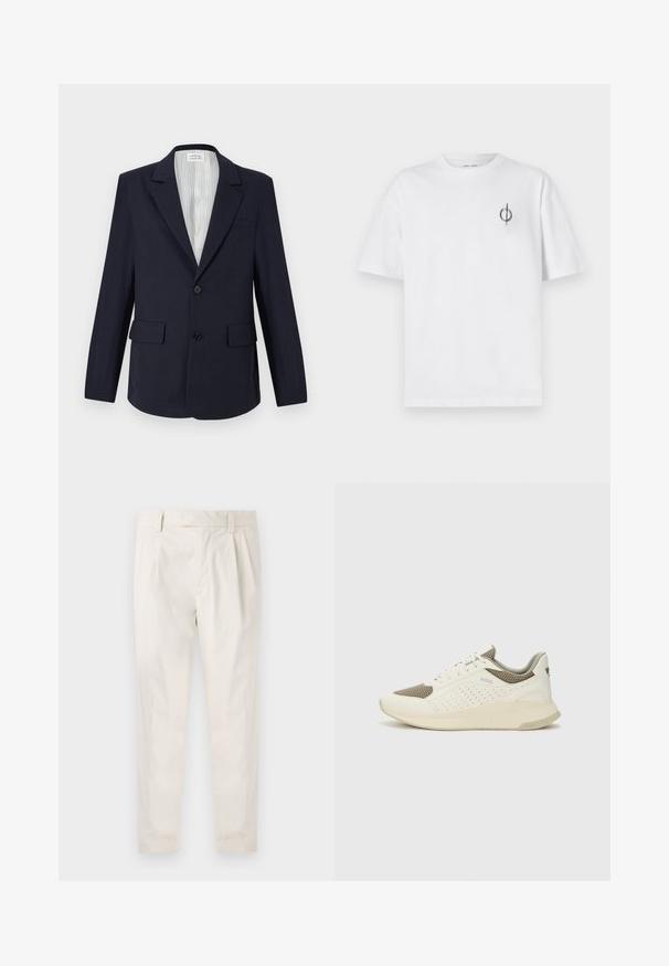Mornarsko blejzer iz pletenega blaga, z razrezanim ovratnikom, dvema sprednjima žepoma, zapiranjem na en gumb in podlogo z črtami.; Bela bombažna majica s sproščenim krojem, ki ima majhen črn grafični logotip na levem prsnem delu. Kratke rokave, okrogel izrez.; Bele, plisirane hlače s krojenim prileganjem, z gladko teksturo, z zankami za pas in ožjimi hlačnicami. Brez vidnih žepov ali vzorcev.; Beli in svetlo bež športni copat, s mrežastim zgornjim delom, perforiranimi detajli in teksturirano srednjim delom z blagovno znamko na peti.