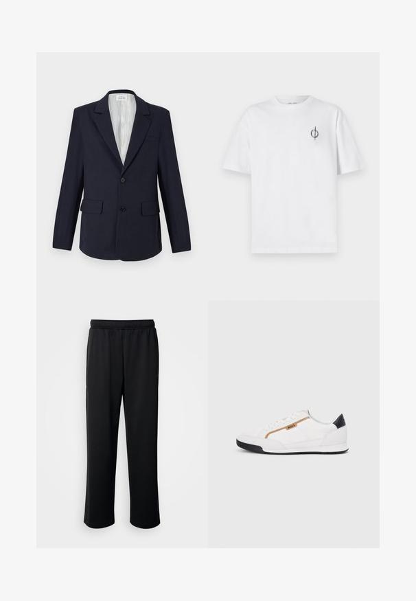 Jūrų karininko švarkas, pagamintas iš austos medžiagos, su notch tipo atvartų, dviem priekinėmis kišenėmis, vienu mygtuku užsegamas ir dryžuotu vidiniu pamušalu.; Balta medvilninė marškinė su laisvu siluetu, su mažą juodą grafiką logotipą kairėje krūtinės pusėje. Trumpomis rankovėmis, apvaliu kaklu.; Juodos sportinės kelnės, pagamintos iš minkštos, orui pralaidžios medžiagos. Turi elastingą juosmenį ir tiesias kojoms be ryškių akcentų ar raštų.; Balti sportiniai bateliai su tinklinėmis ir odinėmis detalėmis. Yra auksinė "BOSS" logotipas, tekstūruoti šonai ir juodas kulno dangtelis. Guminis padas.