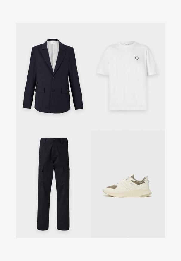 Námornícky blejzer vyrobený z tkaniny, s klopovým golierom, dvoma prednými vreckami, jedným gombíkovým zapínaním a pruhovanou podšívkou.; Biela bavlnená tričko s voľným strihom, s malým čiernym grafickým logom na ľavej strane hrudníka. Krátke rukávy, okrúhly výstrih.; Čierne cargo nohavice vyrobené z odolnej tkaniny, s rovnými nohavicami, dvoma bočnými vreckami a zapínaním na gombík v páse.; Biele a svetlo béžové športové tenisky s hornou časťou z mriežkového materiálu, perforovanými detailmi a textúrovanou medzipodrážkou s logom na päte.