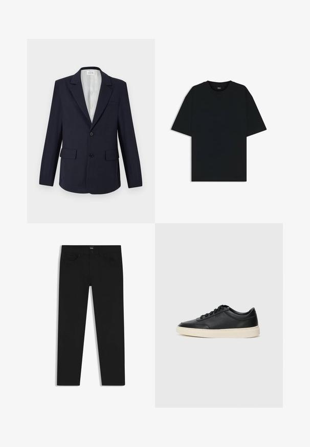 Blazer navy in tessuto intrecciato, con rever a punta, due tasche frontali, chiusura a un bottone e interno foderato a righe.; Maglietta in cotone nera con scollatura rotonda e maniche corte. Presenta una vestibilità ampia e un design semplice senza motivi o dettagli.; Pantaloni in denim nero con taglio dritto, dotati di vita standard, cinque tasche e chiusura con bottone. Texture liscia su tutta la superficie.; Sneaker in pelle nera a basso profilo con lacci neri e suola avorio, mostrato di profilo su sfondo bianco.