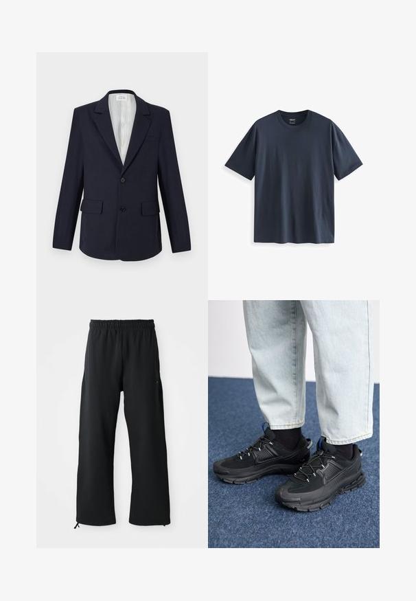 Blazer navy in tessuto intrecciato, con rever a punta, due tasche frontali, chiusura a un bottone e interno foderato a righe.; T-shirt in cotone blu navy con collo rotondo, maniche corte e vestibilità morbida. Texture liscia senza motivi o accentuazioni visibili.; Pantaloni neri a gamba larga realizzati in tessuto morbido, con vita elastica e coulisse, dotati di tasche laterali e con una superficie liscia.; Scarpe sportive nere con tessuto testurizzato e suole in gomma, dotate di lacci elastici e un accento blu sul tallone. Indossate con pantaloni in denim chiaro.