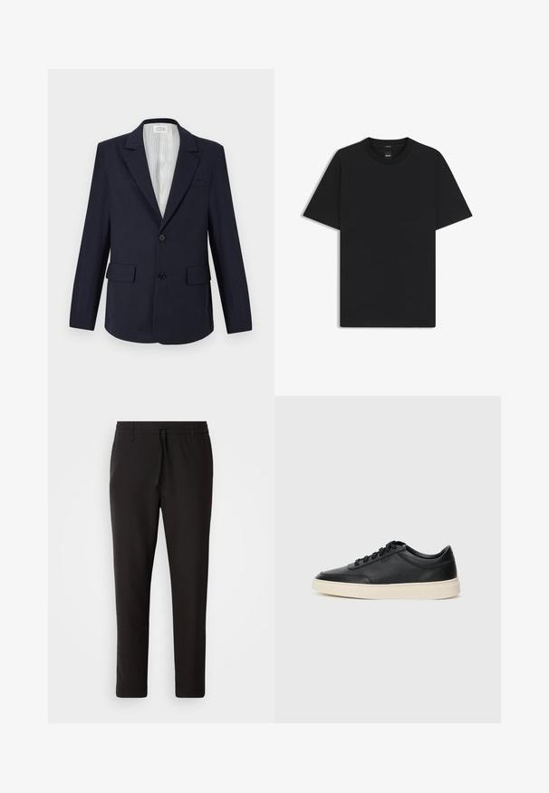 Blazer azul marino hecho de tela tejida, con solapa de muesca, dos bolsillos frontales, cierre de un botón y forro interior a rayas.; Camiseta negra de manga corta fabricada con una suave mezcla de algodón, que presenta un cuello redondo y un diseño minimalista sin patrones ni acentos.; Pantalones de chándal negros de tejido suave. Cuentan con una cintura elástica con cordón, piernas ajustadas y sin bolsillos visibles. Diseño sencillo.; Zapatilla negra de piel de caña baja con cordones negros y suela color crema, mostrada en perfil lateral sobre fondo blanco.