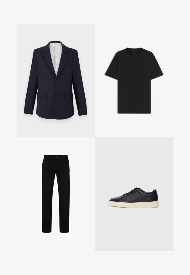 Navy blazer made of woven fabric, featuring a notch lapel, two front pockets, single button closure, and striped lining interior.; Black short-sleeve T-shirt made from a smooth cotton blend, featuring a crew neckline and a minimalistic design with no patterns or accents.; Black cotton trousers with a straight fit, featuring a button closure, belt loops, and minimalistic design. Smooth texture, no patterns.; Black low-top leather sneaker with black laces and off-white sole shown in side profile on white background.