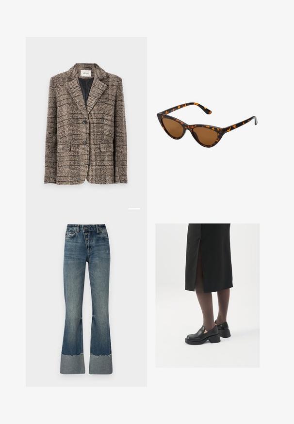 Aware VMMARIN - Bleiser - black/white; Türkiis pulloveri kapuutsiga, pika varrukaga ja soonikkoes. Valmistatud pehmest kangast ja laiemast lõikest.; Keskmise sinise värvi teksapüksid, millel on kõrge vöökoht, viis nööpi ja rebenenud alumine äär. Alumine äär on heledam ning kangas on kergelt pleekinud.; Mustad mustad jalatsid ümmarguse varbaga, paksu plokkniidi ja elastsete külgdetailidega, kombineeritud tumedate sukkade ja musta lõhikuga seelikuga.; Kassi vormiga prillid musta ja oranži kilpkonnakujulise raami, pruunide läätsede ja elegantsete teravate otstega. Templi juures on minimaalne logo.; Hõbedased rõngastikkaehingad minimalistlikus disainis. Ümar kuju, sile tekstuur ja õhuke profiil. Kerged ning poleeritud viimistlusega.