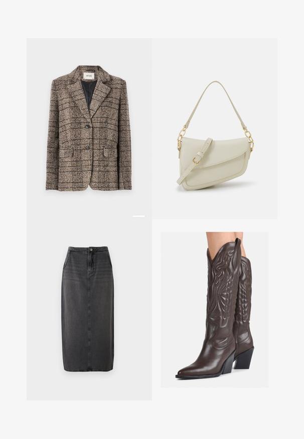 Aware VMMARIN - Žakete - black/white; Balta bezpiedurkņu topiņš no ribotā auduma, ar noapaļotu kakla izgriezumu un pieguļošu siluetu, ar minimālām šuvēm un bez rotājumiem.; Melnas džinsīgas midi svārki ar taisnu griezumu, priekšējo pogu aizdari un sānu kabatām. Raksturīga gluda tekstūra un viegla izbalēšana.; Brūni ādas kovboju zābaki ar norādītu purngalu un blokveida papēdi, ar detalizētu šūšanu un paceltiem akcentiem uz kājas daļas.; Maza krēmkrāsas rokas soma ar teksturētu apdari, garu regulējamu siksniņu, ķēdes akcentu un vāciņa aizdari. Zelta aparatūras detaļas.