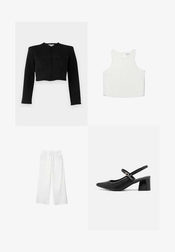 Giacca nera corta con maniche lunghe, caratterizzata da due motivi a cuore cuciti sul davanti e una chiusura con zip frontale. Tessuto liscio.; Top bianco senza maniche con scollo rotondo, caratterizzato da una sottile trama, dettaglio a rombo sul retro e orlo dritto.; Pantaloni bianchi a gamba larga realizzati in tessuto morbido, con vita regolabile e due tasche frontali. Texture liscia e senza motivi visibili.; Décolleté in vernice nera con cinturino dietro, punta affusolata, design con ritagli arrotondati e tacco a blocco. Presenta un accento di fibbia tono oro.