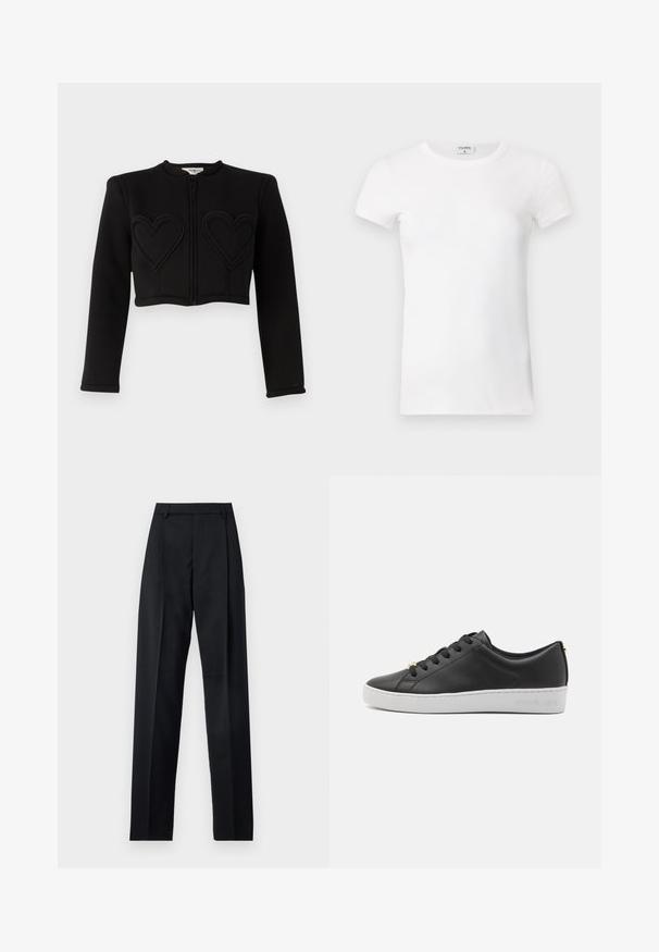Zwarte cropped jack met lange mouwen, voorzien van twee gestikte hartpatronen aan de voorkant en een ritsluiting aan de voorkant. Soepele textuur.; Wit geribd T-shirt met korte mouwen en een ronde hals. De stof lijkt glad met een getailleerde pasvorm. Logo zichtbaar op de kraag.; Zwarte broek gemaakt van gladde stof met een hoge taille, wijde benen, voorplooien en klassieke ceintuurlussen. Geen zijzakken zichtbaar.; Zwarte leren sneaker met een witte rubberen zool, ronde neus, vetersluiting aan de voorkant en gouden hardware accenten op de hiel. Geweven oppervlak met stikdetails.