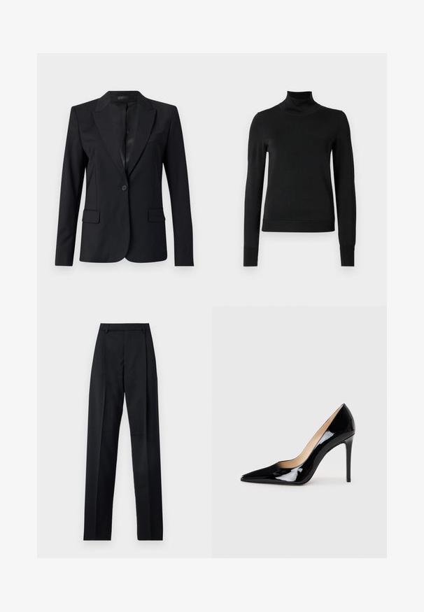 Svart kavaj med ett skärpkrage, enkel knappknäppning, två framfickor och en slimmad, skräddarsydd design. Slät textur med en minimalistisk stil.; Svart långärmad polotröja med ribbade muddar och nederkant, visad mot en enkel vit bakgrund.; Svarta byxor i mjukt tyg med hög midja, vida ben, framfickor och klassiska bältesöglor. Inga sidofickor synliga.; Svart lackläder högklackad pumpsko med spetstoppdesign och en slank silhuett. Har en mjuk, glänsande finish och en smal stilettklack.