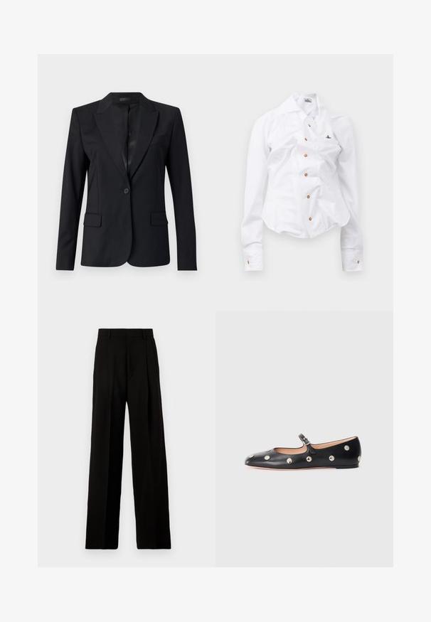 Zwarte blazer met een notch-kraag, enkele knoopsluiting, twee voorzakken en een slank, op maat gemaakt ontwerp. Glad textuur met een minimalistische uitstraling.; Witte longsleeve shirt met een getailleerd ontwerp. Voorzien van een grote kraag, sluiting met knopen aan de voorkant met bruine knopen en een klein geborduurd logo.; Zwarte wijde broek van gladde stof, met een hoge taille, plooien aan de voorkant en een schone, op maat gemaakte uitstraling zonder versieringen.; Zwarte leren Mary Jane ballerina met een ronde neus, voorzien van zilveren ronde studs en een verstelbaar bandje met een gesp.