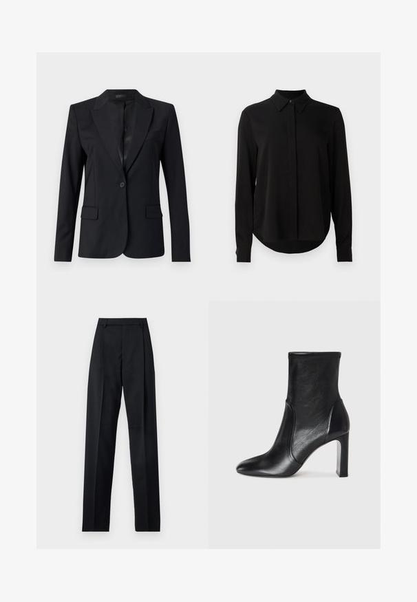 Sacou negru cu guler în formă de v, închidere cu un singur nasture, două buzunare frontale și un design elegant, adaptat pe corp. Textură netedă cu un aspect minimalist.; Bluză lungă neagră cu mâneci lungi, guler ascuțit, placket cu nasturi ascunși și tiv curbat pe un fundal alb simplu.; Pantaloni negri dintr-un material neted, cu talie înaltă, picioare largi, pliuri frontale și loop-uri clasice pentru curea. Fără buzunare laterale vizibile.; Botine negre din piele până la glezna, cu un design elegant, vârful ascuțit și toc înalt tip bloc. Prezintă o textură netedă și detalii de cusătură minimalistă.