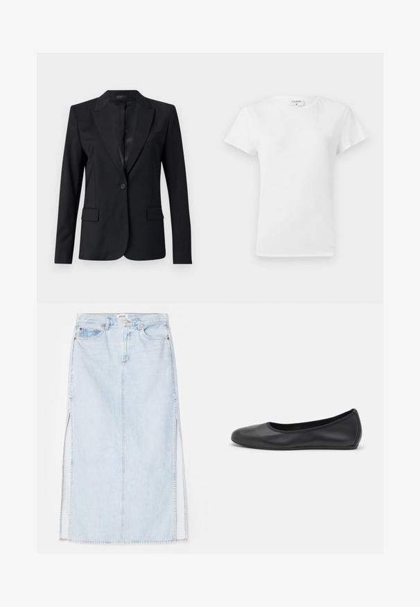 Schwarzer Blazer mit Reverskragen, einem einzelnen Knopfverschluss, zwei vorderen Taschen und einem schlanken, taillierten Design. Glatte Textur mit minimalistischer Optik.; Weißes Baumwoll-T-Shirt mit Rundhalsausschnitt und kurzen Ärmeln, das einen lockeren Sitz und ein minimalistisches Design aufweist. Etikett am Hals sichtbar.; Hellblaue Jeans-Maxi-Rock mit geradem Schnitt, ausgestattet mit seitlichen Schlitzen und einem Fünf-Taschen-Design. Auffällige Nähte und Metallschnappverschluss.; Schwarze Leder-Ballettschuhe mit abgerundeter Spitze, glatter Textur, minimalen Nähdetails und einem flexiblen Sohlen-Design.