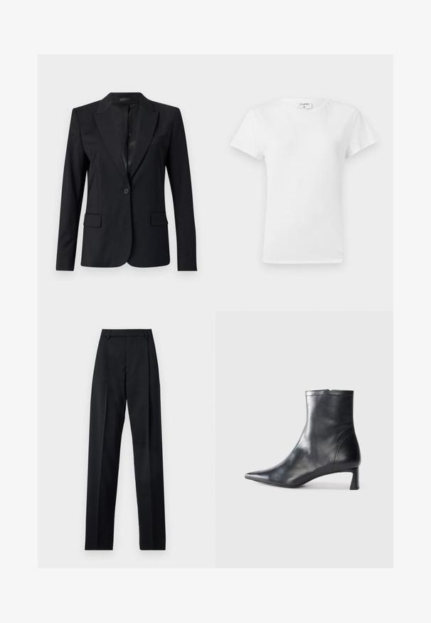 Sort blazer med en afdæmpet krave, enkelt knaplukning, to frontlommer og et slankt, skræddersyet design. Glat tekstur med et minimalistisk udseende.; Hvid bomulds t-shirt med rund hals og korte ærmer, præsenteret i et afslappet fit og minimalistisk design. Etiketten er synlig ved halsen.; Sorte bukser lavet af glat stof, der har høj talje, brede ben, frontfolder og klassiske bælteløkker. Ingen synlige sidelommer.; Sort læder ankelstøvle med spids tå og et strømlinet design. Har en lav hæl og en lynlås lukning bagpå. Glat tekstur.
