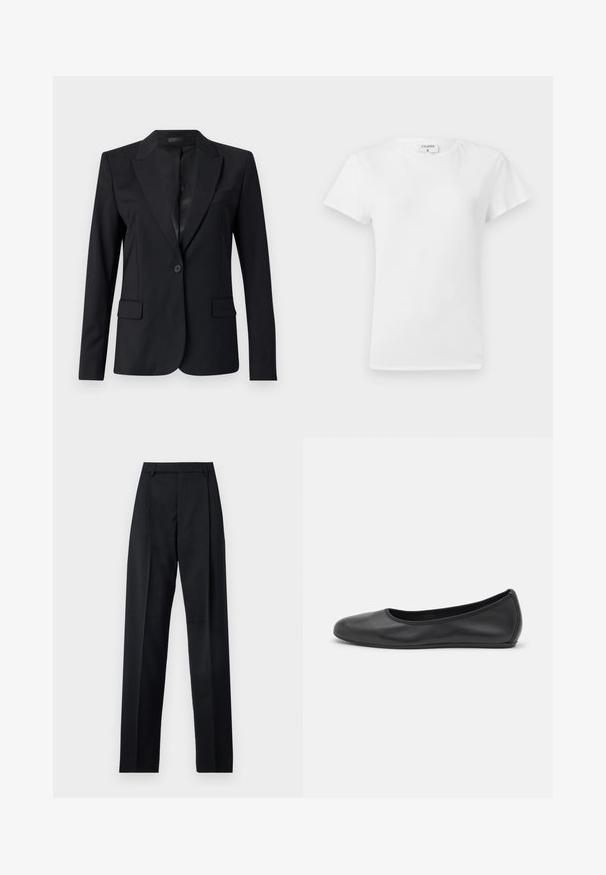 Sort blazer med en afdæmpet krave, enkelt knaplukning, to frontlommer og et slankt, skræddersyet design. Glat tekstur med et minimalistisk udseende.; Hvid bomulds t-shirt med rund hals og korte ærmer, præsenteret i et afslappet fit og minimalistisk design. Etiketten er synlig ved halsen.; Sorte bukser lavet af glat stof, der har høj talje, brede ben, frontfolder og klassiske bælteløkker. Ingen synlige sidelommer.; Sort læderballetsko med rund tå, glat tekstur, minimal syning og et fleksibelt såldesign.