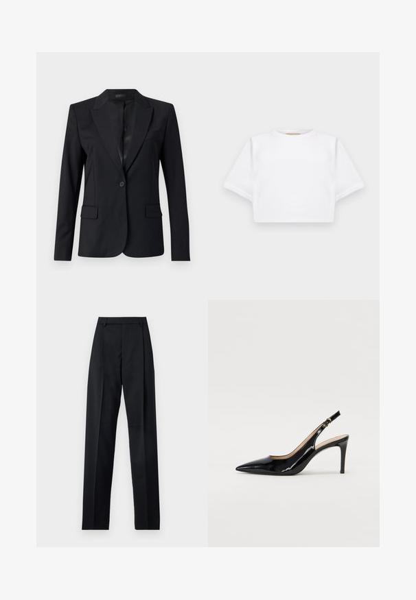 Zwarte blazer met een notch-kraag, enkele knoopsluiting, twee voorzakken en een slank, op maat gemaakt ontwerp. Glad textuur met een minimalistische uitstraling.; Gemiddelde witte T-shirt gemaakt van zachte stof, met korte mouwen, een ronde halslijn en geribbelde zoomdetails. Eenvoudig en ongecompliceerd ontwerp.; Zwarte broek gemaakt van gladde stof met een hoge taille, wijde benen, voorplooien en klassieke ceintuurlussen. Geen zijzakken zichtbaar.; Zwarte gepatineerde leren slingback pump met een puntige neus, slanke hak en een subtiel uitgesneden ontwerp. Bevat een gouden gesp op de band.