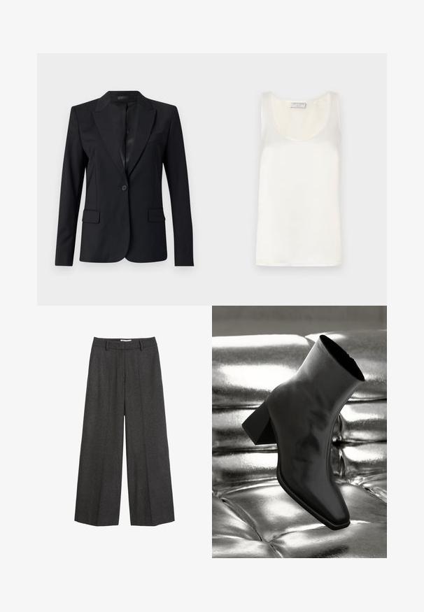 Czarna marynarka z wyłamywanym kołnierzem, pojedynczym zapięciem na guzik, dwiema przednimi kieszeniami oraz eleganckim, dopasowanym krojem. Gładka tekstura o minimalistycznym wyglądzie.; Biała satynowa bezrękawnik z okrągłym dekoltem i gładką fakturą, o subtelnym połysku i czystych krawędziach.; Spodnie o szerokich nogawkach w ciemnoszarym kolorze. Posiadają dopasowany pasek w talii z szlufkami, gładką fakturę oraz minimalistyczne akcenty w postaci szwów.; Czarne botki za kostkę wykonane z błyszczącego materiału, z kwadratowym noskiem i zwężającym się obcasem, na tle błyszczącego srebrnego tapicerowanego tła.