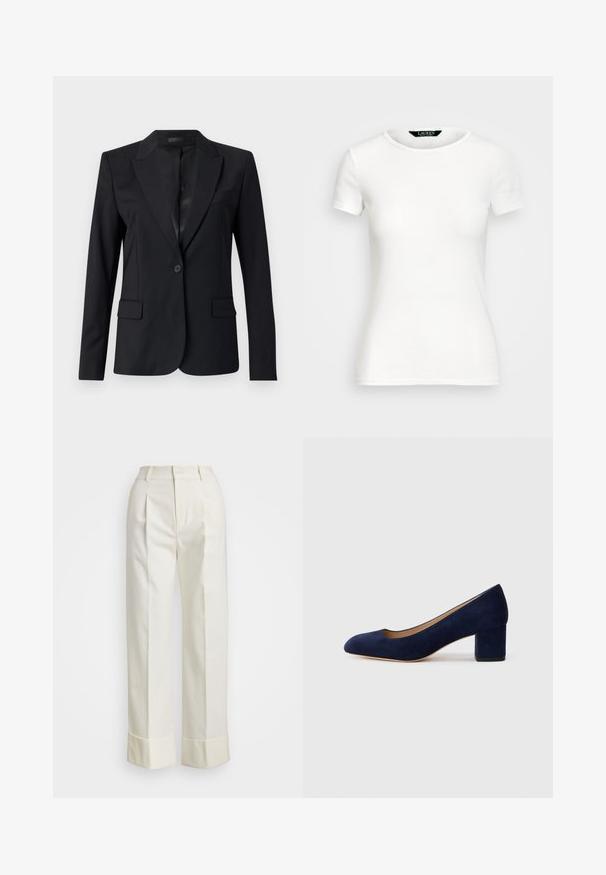 Blazer nero con colletto a punte, chiusura con un bottone, due tasche frontali e un design elegante e sartoriale. Texture liscia con un aspetto minimalista.; T-shirt bianco in cotone con maniche corte, collo rotondo, design aderente e texture liscia. Etichetta del logo sul collo.; Pantaloni bianchi su misura con vita alta, doppie pieghe frontali e gamba larga con risvolti. Realizzati in un tessuto liscio e strutturato.; Pump in suede blu Navy con punta affusolata e tacco blocco di media altezza. Texture liscia con una leggera lucentezza e un piccolo taglio sul davanti.
