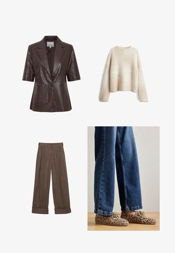 Brauner Lederblazer mit kurzen Ärmeln, Reverskragen, einem Knopfverschluss und glatter Textur. Einfaches Design mit klaren Linien.; Hellbeiges, flauschiges Sweatshirt mit Rundhalsausschnitt, langen Ärmeln und lockerer Passform. Weiche Textur mit einem Verlaufsmuster.; Braune weite Hosen aus Baumwolle mit Knopfverschluss, gefältelter Vorderseite und umgeschlagenen Säumen für einen entspannten Sitz.; Leopardenmuster-Loafers aus Wildleder, mit abgerundetem Zehenbereich, Schnürdesign und flachen, flexiblen Sohlen, kombiniert mit blauen Jeans.
