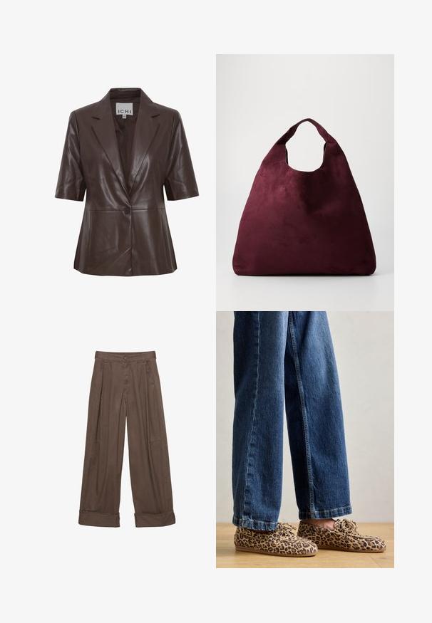 Brauner Lederblazer mit kurzen Ärmeln, Reverskragen, einem Knopfverschluss und glatter Textur. Einfaches Design mit klaren Linien.; Hellbeiges, flauschiges Sweatshirt mit Rundhalsausschnitt, langen Ärmeln und lockerer Passform. Weiche Textur mit einem Verlaufsmuster.; Braune weite Hosen aus Baumwolle mit Knopfverschluss, gefältelter Vorderseite und umgeschlagenen Säumen für einen entspannten Sitz.; Leopardenmuster-Loafers aus Wildleder, mit abgerundetem Zehenbereich, Schnürdesign und flachen, flexiblen Sohlen, kombiniert mit blauen Jeans.; Große, tief burgunderrote Wildleder-Handtasche mit einem breiten Trageriemen und schlaffem, dreieckigem Design auf einem schlichten Hintergrund.