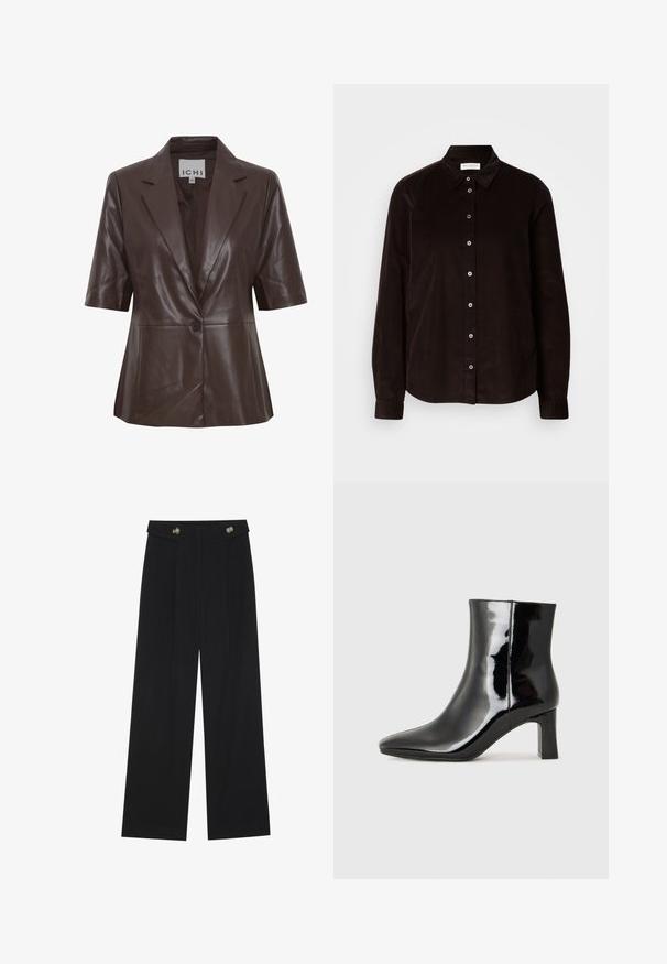 Blazer en cuir marron à manches courtes, col à revers, fermeture à un bouton et texture lisse. Design simple avec des lignes épurées.; Chemise en velours côtelé marron foncé à manches longues, avec col et fermeture à boutons sur le devant, présentée à plat sur un fond clair.; Pantalons larges noirs à taille haute, avec des détails de boutons à la taille et des plis sur le devant.; Bottines en cuir verni noir avec un bout pointu et un talon block de hauteur moyenne. Texture lisse et design minimaliste.