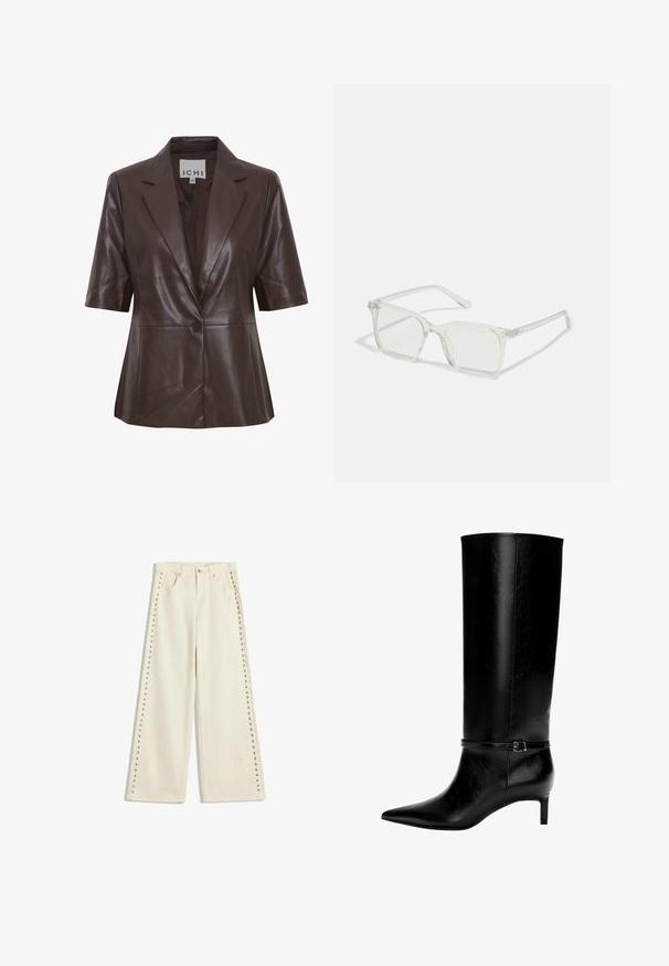 Brązowa skórzana marynarka z krótkimi rękawami, klapami, zapięciem na pojedynczy guzik i gładką fakturą. Prosty design z czystymi liniami.; Biała bluzka z długim rękawem i dekoltem łódkowym. Wykonana z miękkiego materiału, z rozszerzanymi rękawami i prostym wykończeniem, oferująca prosty i uniwersalny design.; Jasno kremowe dżinsy o szerokich nogawkach z metalowymi wstawkami wzdłuż zewnętrznych szwów, pięcioma kieszeniami oraz standardowym zapięciem na guzik.; Czarne skórzane wysokie botki z ostrym noskiem i niskim obcasem. Posiadają wąski pasek z metalową klamrą wokół kostki. Gładka tekstura.; Przezroczyste, kwadratowe okulary z plastiku z półprzezroczystymi soczewkami, z złotymi akcentami na zausznikach dla dodatkowego wykończenia.; Brązowy futrzany szalik noszony na kremowym swetrze. Szalik ma miękką fakturę oraz grubą, puszystą formę, elegancko opadając.; Brązowa skórzana torba typu tote o miękkiej fakturze, z przestronnym wnętrzem i pojedynczym paskiem. Noszona z niebieską kurtką dżinsową.