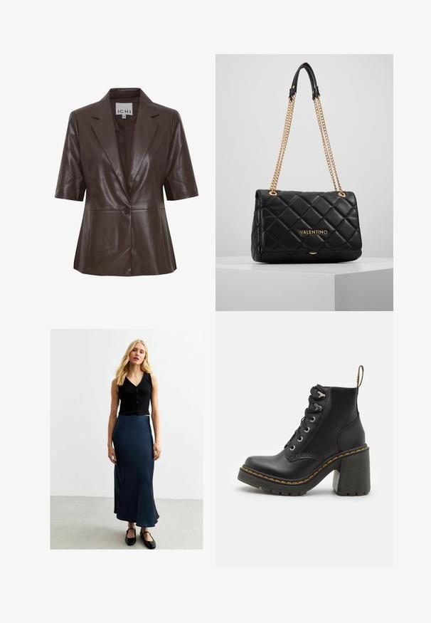 Blazer en cuir marron à manches courtes, col à revers, fermeture à un bouton et texture lisse. Design simple avec des lignes épurées.; T-shirt blanc uni en coton avec un col rond, des manches courtes et une coupe décontractée. Texture lisse sans motifs ni accents.; Top court noir à côtes avec boutons et jupe maxi en satin bleu marine. La jupe a un éclat lisse et un ourlet évasé, associée à des chaussures plates noires.; Bottine en cuir noir avec un talon haut chunky, un laçage à l'avant, des œillets en métal et une couture jaune le long de la semelle. Semelle en caoutchouc texturé.; Sac à main en cuir matelassé noir avec une anse en chaîne dorée et un détail de logo. Forme rectangulaire, texture lisse, avec une fermeture à rabat.