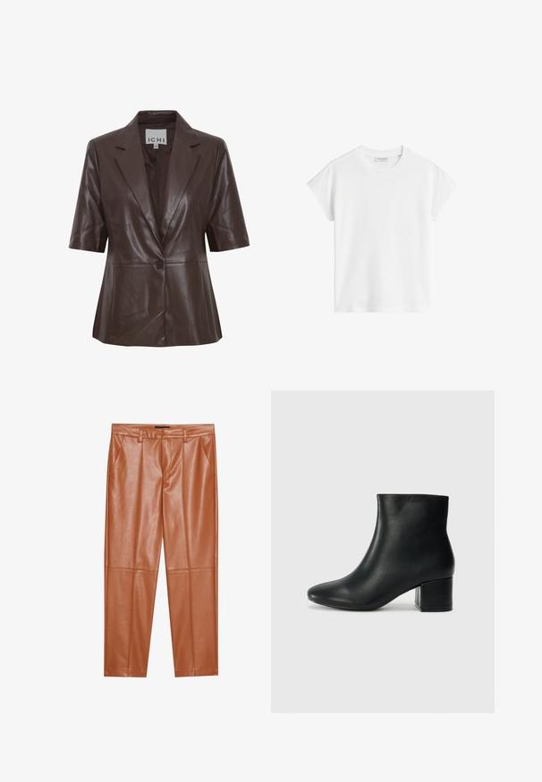 Blazer de cuero marrón con mangas cortas, solapas con muescas, cierre de un solo botón y textura suave. Diseño simple con líneas limpias.; Camiseta de algodón de manga corta blanca. Presenta un corte relajado, con cuello redondo y costuras de hombro ligeramente caídas. Sin patrones ni acentos.; Pantalones de imitación de cuero marrón con un corte entallado, que presentan pliegues frontales y piernas rectas. Textura suave sin herrajes o acentos visibles.; Botas de cuero negras hasta el tobillo con una punta afilada y un tacón grueso. Textura lisa con acentos mínimos y un diseño elegante y ajustado.