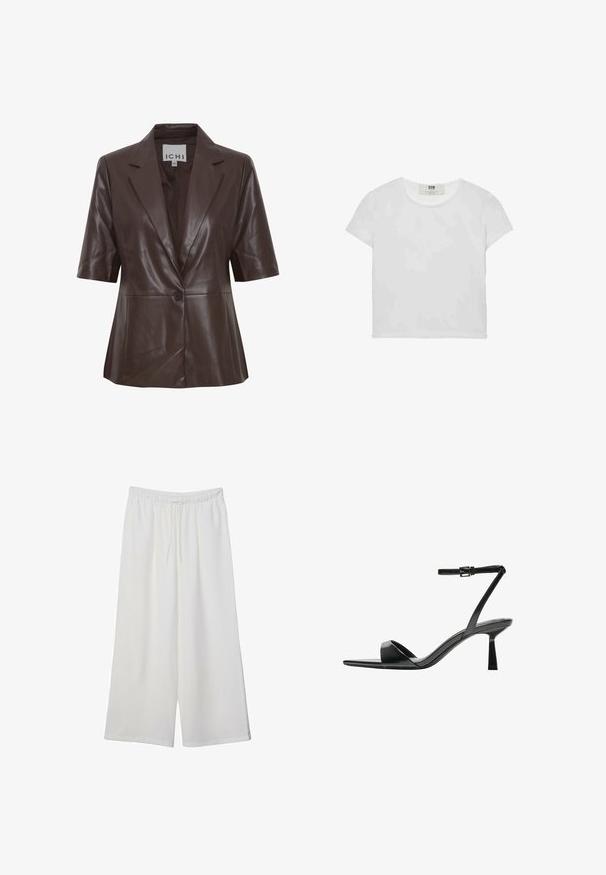 Brun läderblazer med korta ärmar, spetsiga slag, enkel knäppning med en knapp och slät yta. Enkelt mönster med rena linjer.; Kortärmad, rundhalsad vit t-shirt i mjuk bomull, med en enkel, ren design utan synliga mönster eller detaljer.; Vita vida byxor i lätt tyg med elastisk midja och dragsko för justerbar passform. Mjuk textur.; Bershka Sandaletter - black