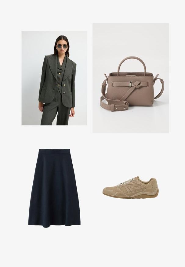 Olijfgroene op maat gemaakte blazer met scherpe revers, gouden knopen en zijzakken, gecombineerd met bijpassende broeken. Soepele textuur en gestructureerde pasvorm.; Donkergrijze korte mouwen gebreide trui met een ronde hals, met een losse pasvorm en raglanmouwen, gemaakt van een zachte, gestructureerde stof.; Een donkerblauwe midi-rok van soepel materiaal, met een nauwsluitende tailleband en een uitlopende vorm, zonder zichtbare patronen of versieringen.; Beige suède sneaker met een laag profiel, gestructureerd oppervlak en witte veters. Heeft een gebogen ontwerp en een rubberen zool voor grip.; Taupe leren handtas met textuur, bovenhandvat, verstelbare schouderband en decoratieve knoopdetail op een witte achtergrond.