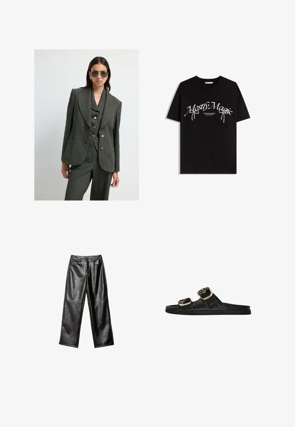 Olivgrüner taillierter Blazer mit scharfen Revers, goldenen Knöpfen und seitlichen Taschen, kombiniert mit passenden Hosen. Glatte Textur und strukturierte Passform.; Schwarzes Baumwoll-T-Shirt mit dem Aufdruck "Mostly Magic" in Weiß, verziert mit dekorativen Perlenakzenten. Kurze Ärmel, lässige Passform, Rundhalsausschnitt.; Schwarze Lederhosen im weiten Schnitt mit glatter Textur, Fünf-Taschen-Design und genähten Details entlang der Beine und am Bund.; Schwarze Riemensandale mit zwei goldenen Schnallendetails, glattem Material, flachem Sohlen und minimalistischer Gestaltung.