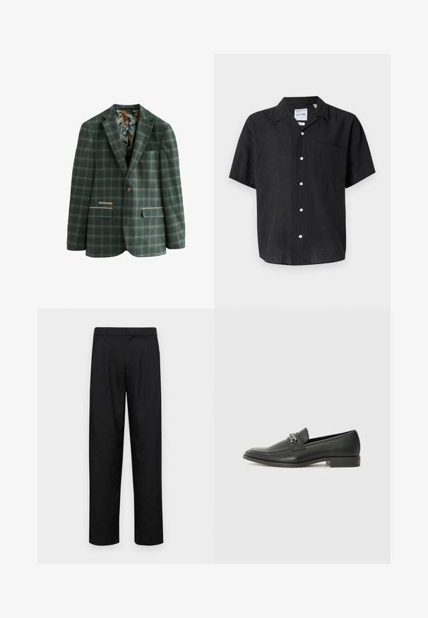 Žalias patikrintas švarkas su vienu mygtuku, turintis modeliuotą pamušalą su tigrais, dviem priekinėmis kišenėmis ir klasikiniu apykakle.; Juodas trumpas rankovės marškiniai su mygtukais, pagaminti iš lino. Juose yra kišenė kairėje krūtinės pusėje ir balti mygtukai, kontrastuojantys su audinio tekstūra.; Juodi kelnių modeliai, pagaminti iš lygios medžiagos, turi tiesią kojas, du priekiniai klostės ir standartinę juosmenį su diržo kilpomis.; Juodos odinės loafer tipo bateliai su lygiu paviršiumi, turintys siuvinėtą dizainą ir dekoratyvų metalo grandinėlės akcentą ant batų viršaus. Plokščias kulnas.