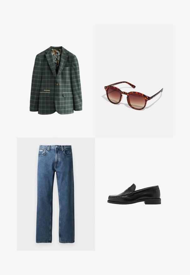 Blazer verde a quadre con un singolo bottone, caratterizzato da una fodera interna decorata con tigri, due tasche frontali e un classico rever.; Camicia bianca a maniche lunghe in cotone. Caratterizzata da un colletto a bottoni, bottoni frontali e orlo dritto. Nessun motivo o decorazione.; Jeans in denim blu a gamba dritta con vita alta, chiusura a bottone e zip, tasche frontali e un piccolo etichetta bianca del marchio sulla tasca destra.; Mocassini in pelle nera con una finitura liscia, dettagli cuciti sulla punta e un design a tacco basso per comfort e stile.; Occhiali da sole tartaruga con lenti sfumate marroni, forma rotonda e dettagli neri sulle astine; presenta due piccoli rivetti metallici vicino alle lenti.; Borsa a tracolla in pelle nera con patta, due fibbie argentate, cuciture gialle e tracolla regolabile. Presenta una texture liscia e un design compatto.